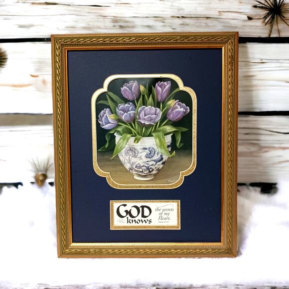 Christian Scripture Framed Picture Purple Floral Tulips Ps 44:21 Inspirational - Picture 1 of 13
